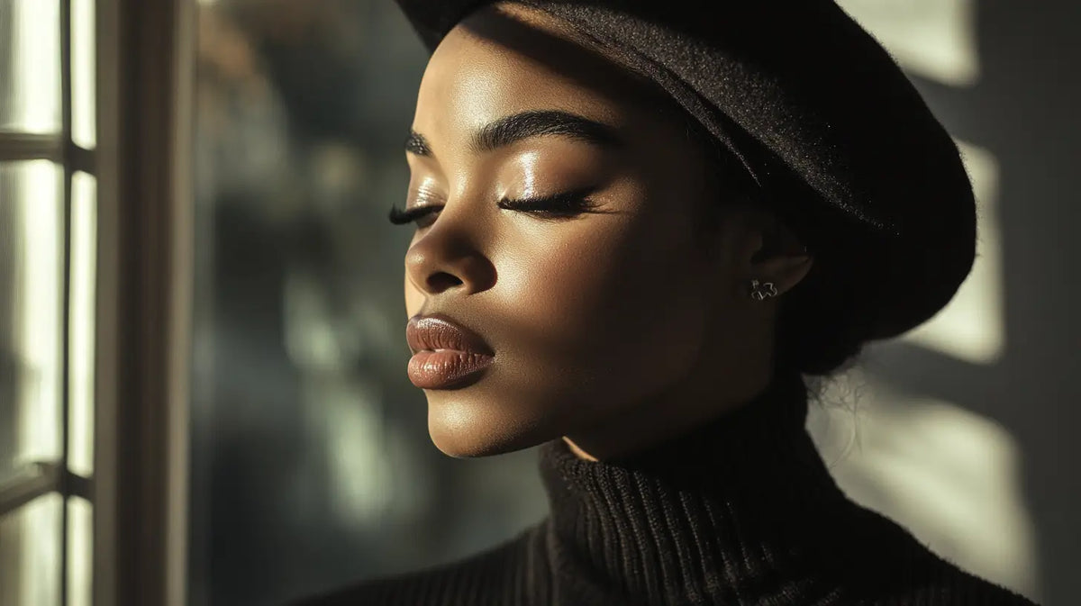 An elegantly styled individual wearing a tilted beret with a monochromatic outfit, creating an elongated and confident appearance in soft natural lighting.