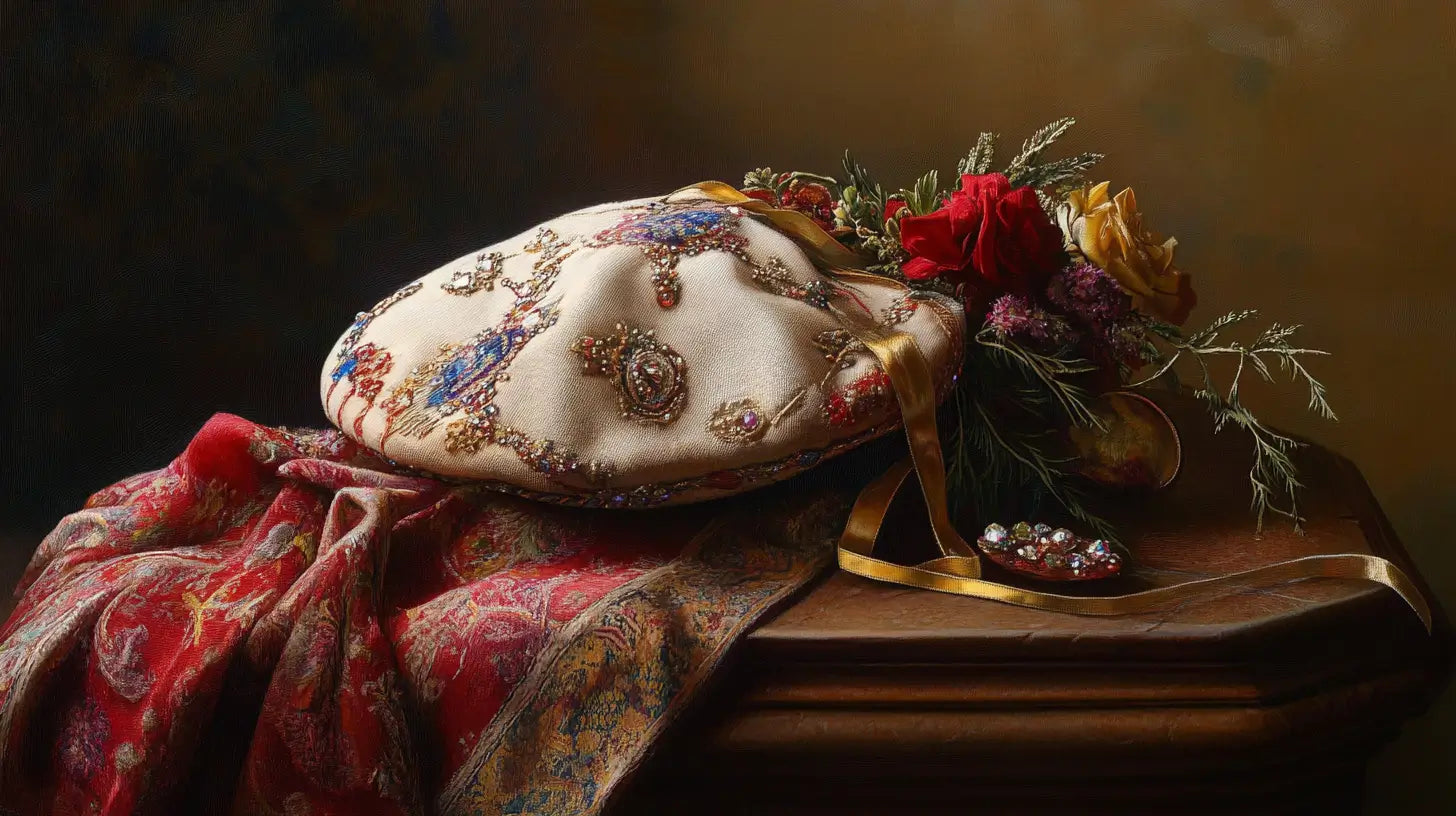 A refined still-life scene featuring a beautifully decorated wool beret with elegant ribbons, rhinestones, and embroidery, capturing creative charm and timeless craftsmanship.