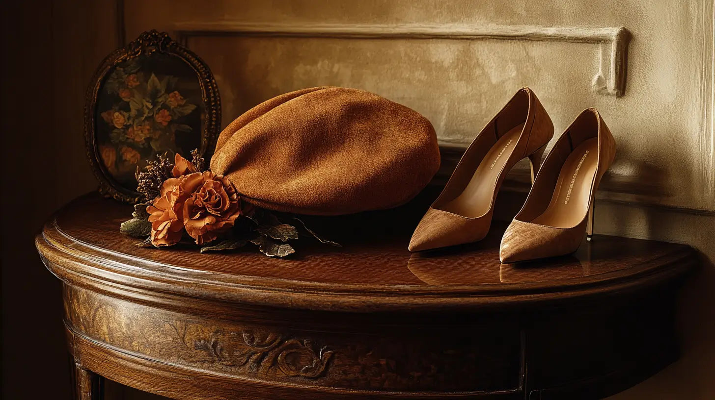 An elegant still-life featuring a chic beret stylishly matched with complementary shoes and accessories, illuminated by soft, natural lighting.