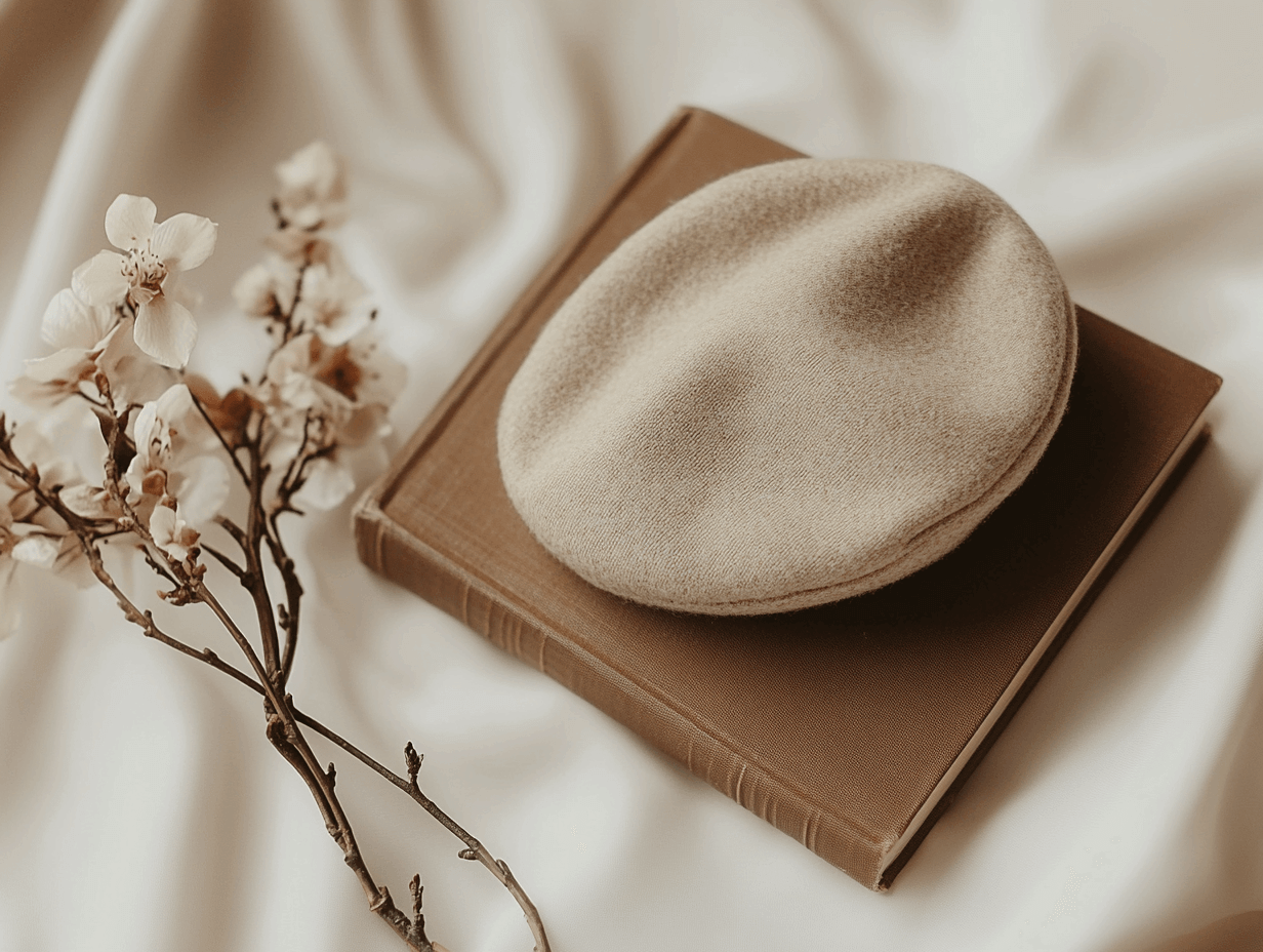 Elegant still-life of a classic wool beret on a minimalist backdrop, highlighting timeless style and cultural heritage.