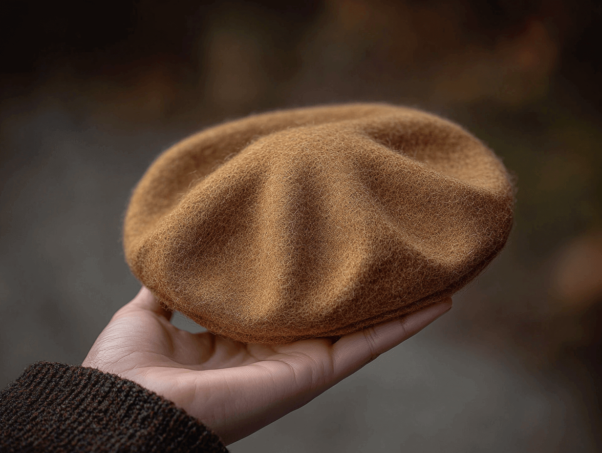 Hands carefully shaping a premium wool beret, emphasizing craftsmanship and elegant style.