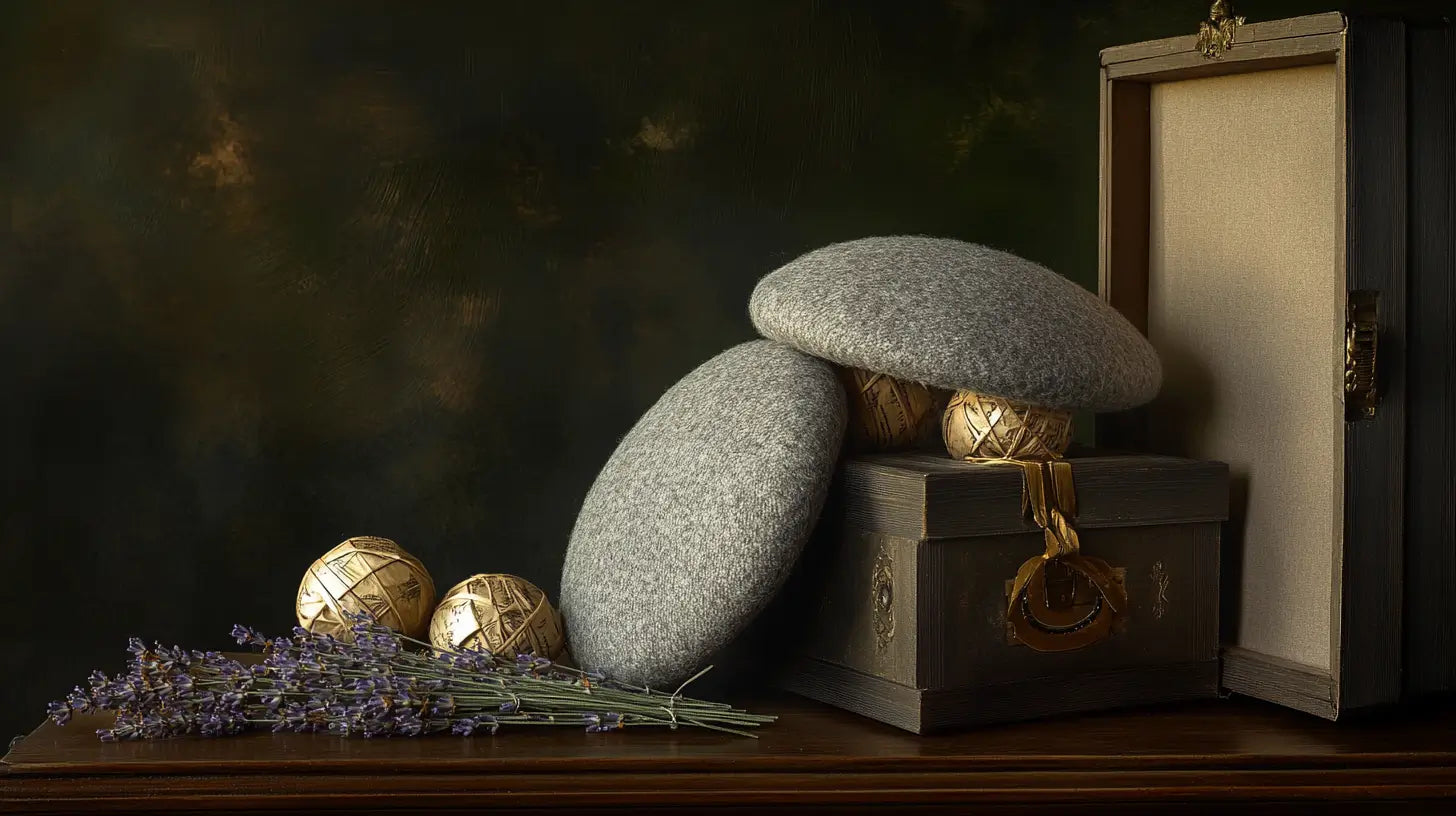 A refined still-life of a classic wool beret stored elegantly in a ventilated hat box with lavender sachets and cedar balls, emphasizing careful preservation and timeless elegance.