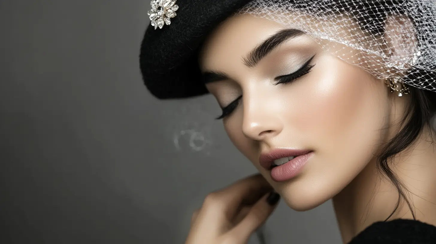 Elegant woman wearing a luxurious beret with a delicate brooch and veil, styled tastefully for a sophisticated wedding look.