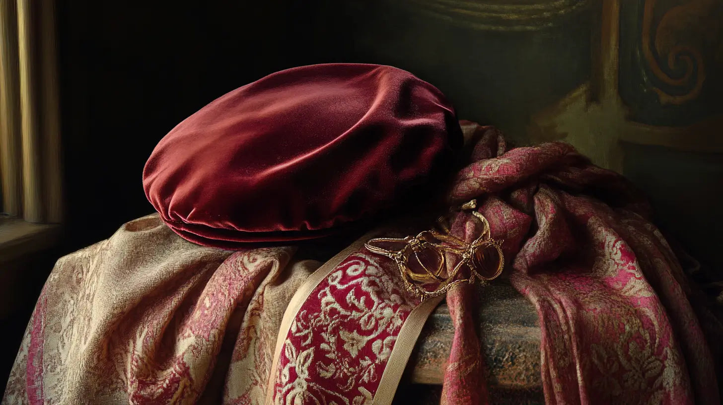 A refined still-life of a luxurious velvet beret styled with elegant accessories and scarves, illuminated by soft, natural lighting.