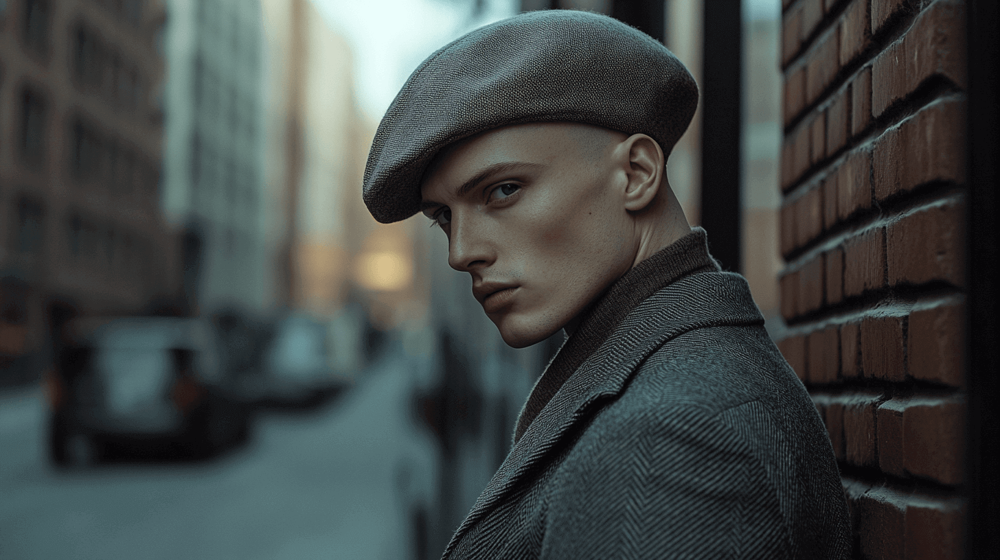 Stylish bald individual confidently wearing a wool beret in soft natural lighting, showcasing minimalist elegance.