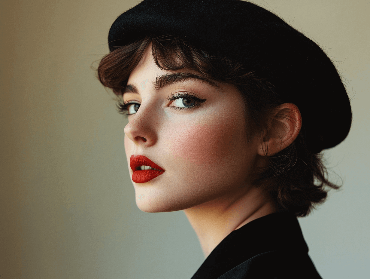 Stylish woman with short hair wearing a chic wool beret, demonstrating timeless elegance and modern sophistication.