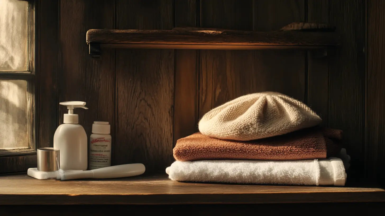 A refined still-life photograph of a freshly cleaned wool beret resting elegantly on folded towels with gentle cleaning supplies nearby, illuminated softly by natural lighting, showcasing its craftsmanship and elegance.