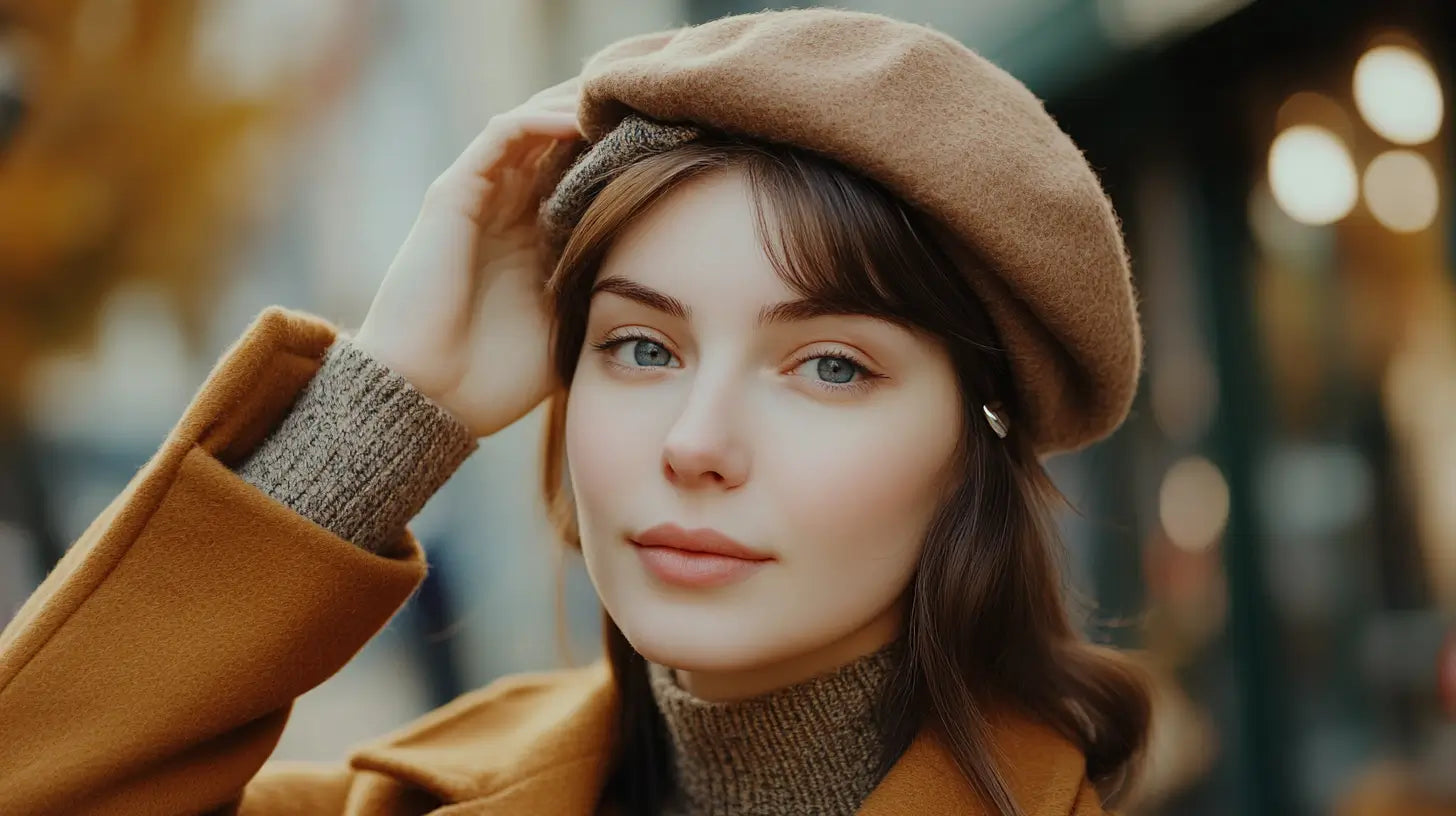 Stylish individual adjusting a wool beret with discreet hair accessories, emphasizing stability and elegant fashion.