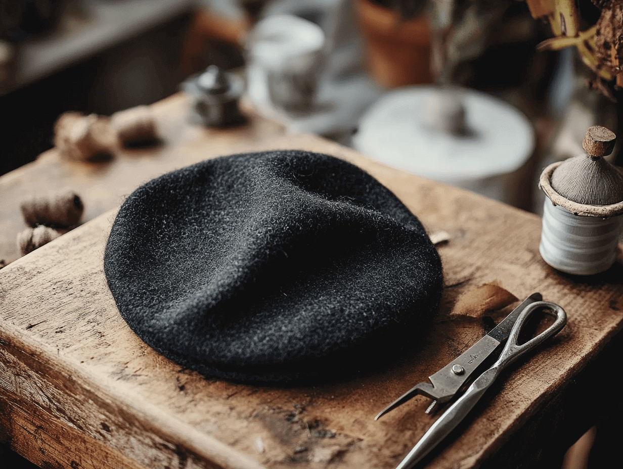 Close-up photo of a handmade beret and sewing tools, highlighting quality craftsmanship and DIY style.