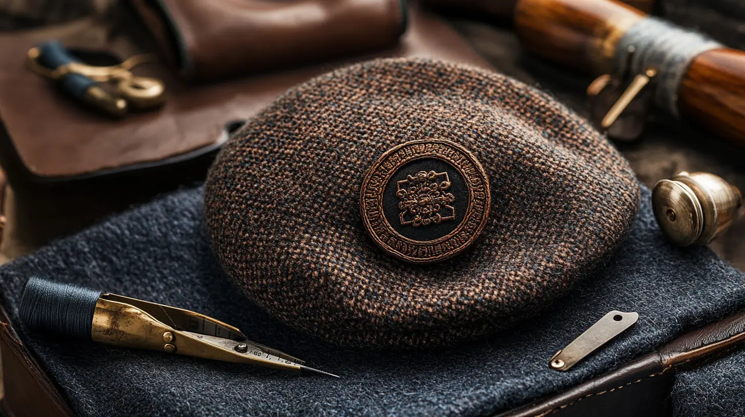 A high-resolution photograph showing a wool beret with a vintage badge, elegantly arranged with sewing accessories, emphasizing classic style and craftsmanship.