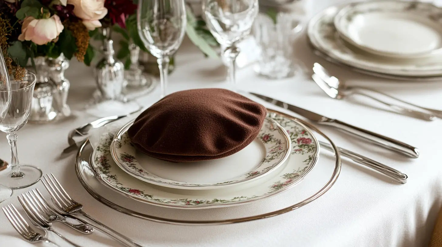 An elegant dining table setting featuring a classic wool beret placed alongside fine china and silverware, highlighting etiquette and sophistication.