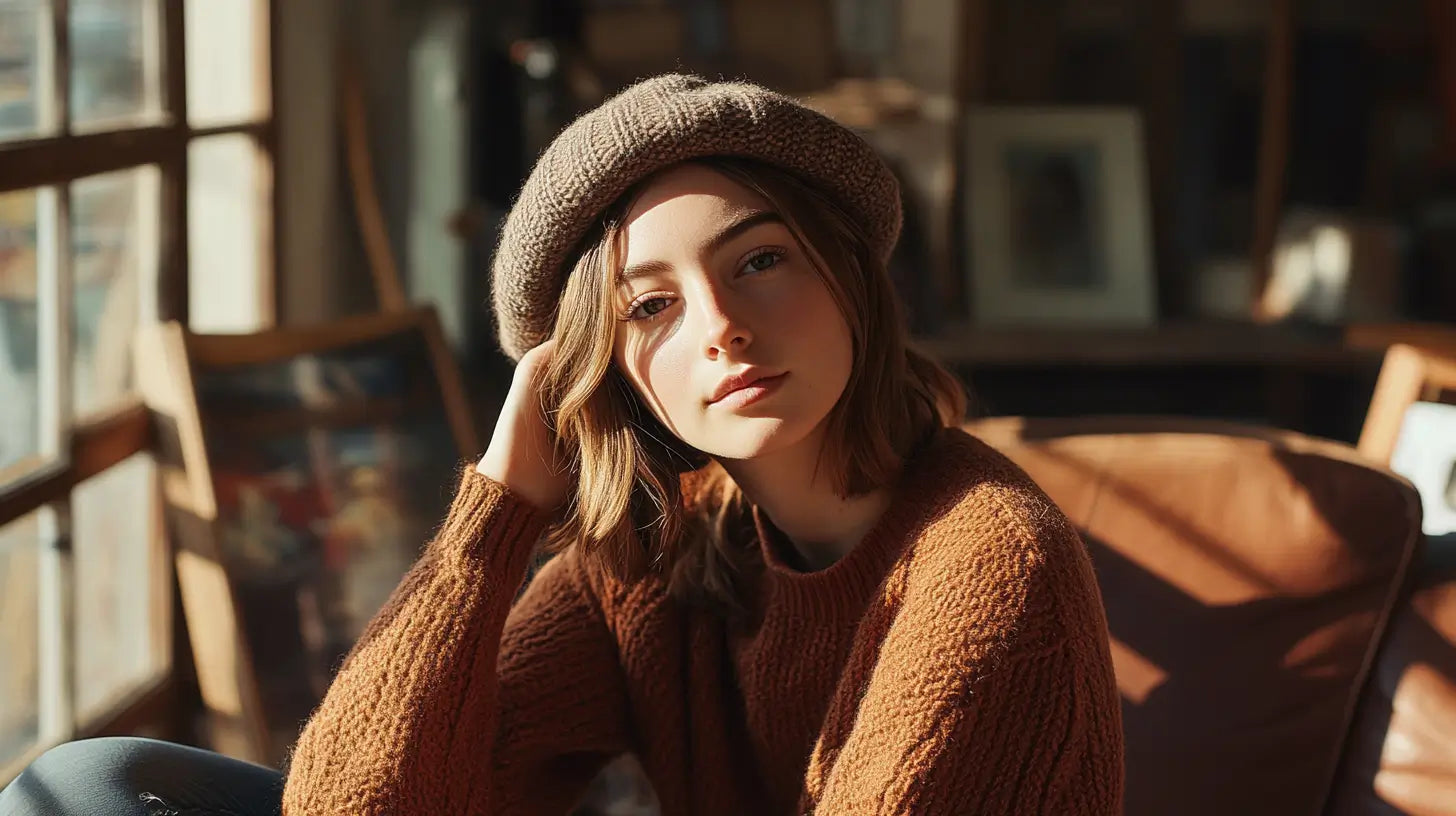 A young woman in bohemian fashion wearing a wool beret, seated in an eclectic, sunlit artistic studio, highlighting the beret’s timeless bohemian charm.