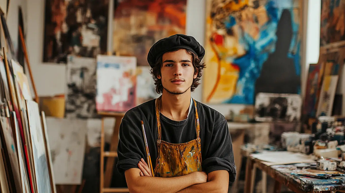 A confident young artist wearing a classic black beret in an urban art studio, embodying creativity and the rebellious spirit associated with beret fashion.