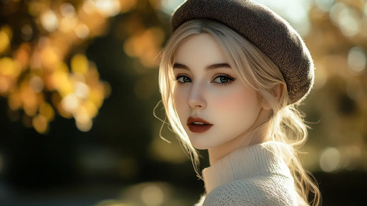 A cosplayer elegantly styled with a sophisticated beret, capturing character details and timeless charm in soft, natural lighting.