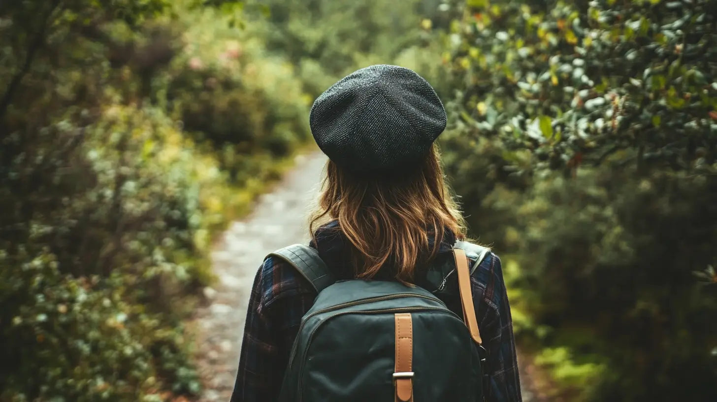 A stylish hiker wearing a classic wool beret on a scenic, lush hiking trail, blending fashion and outdoor practicality.