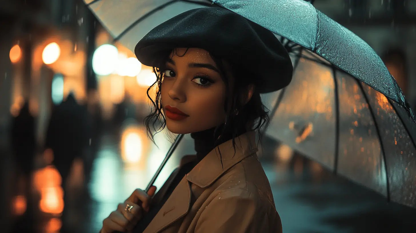 A stylish individual wearing a water-repellent beret in soft rain, elegantly paired with a trench coat and umbrella in a classic urban setting.