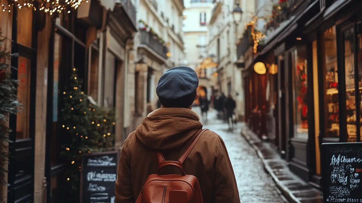 A traveler wearing a classic beret exploring a charming European street, highlighting the beret's timeless style and practical use in travel.