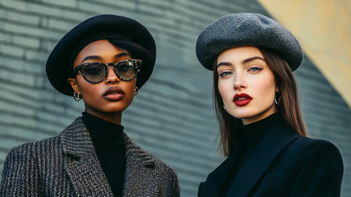 Two stylish individuals showcasing retro and modern fashion looks with berets, highlighting the timeless versatility and cultural charm of this classic accessory.