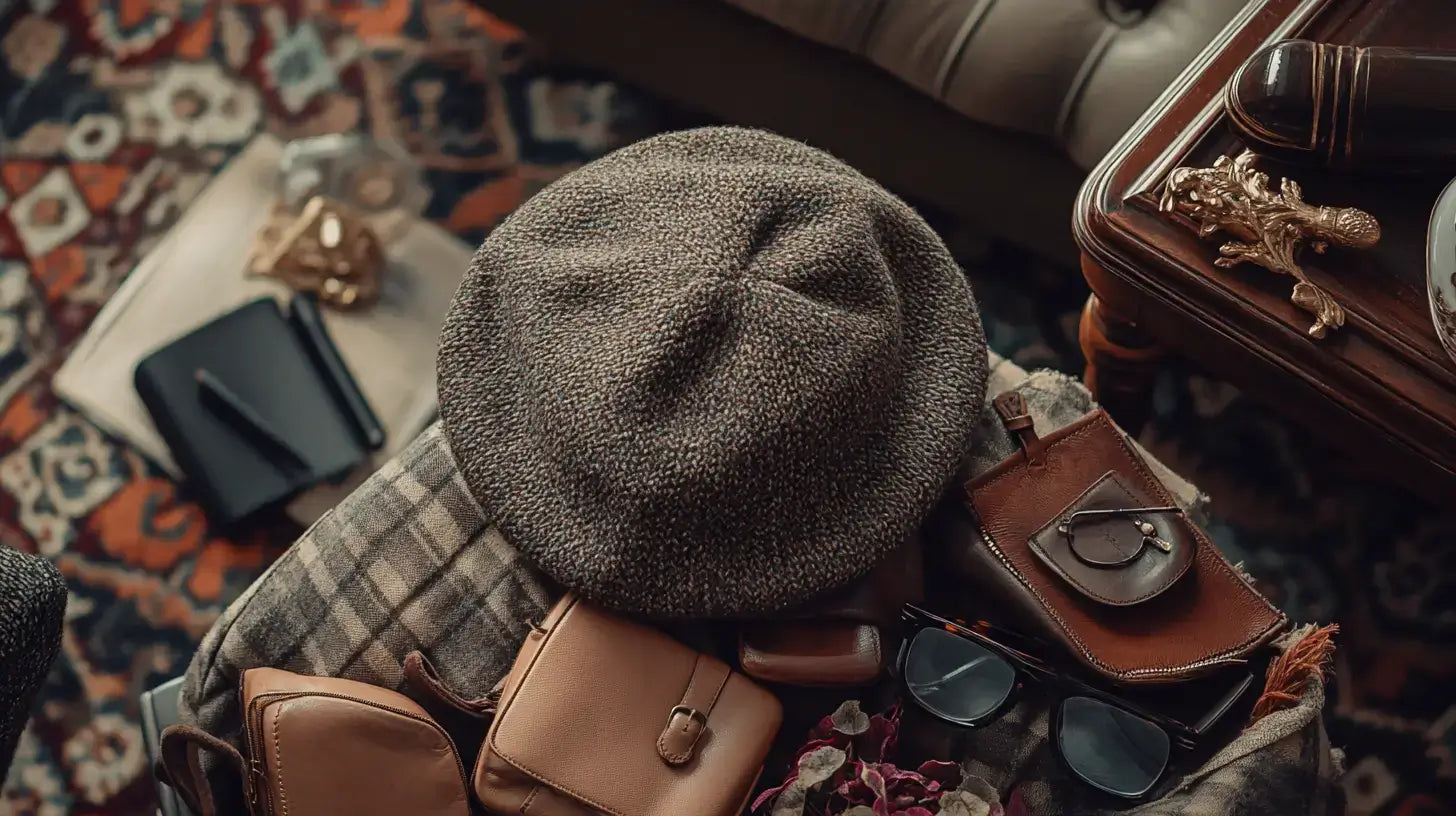 Classic wool beret elegantly arranged with vintage accessories, showcasing timeless style and heritage.