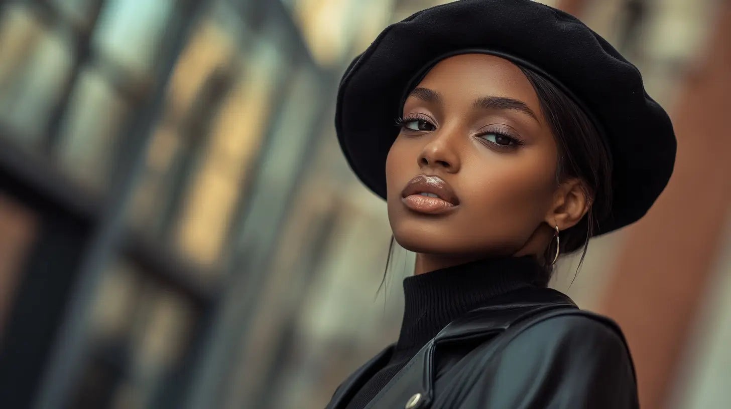 Fashionable individual wearing a sleek black leather beret paired with chic outerwear in an elegant urban setting, showcasing timeless style and quality craftsmanship.