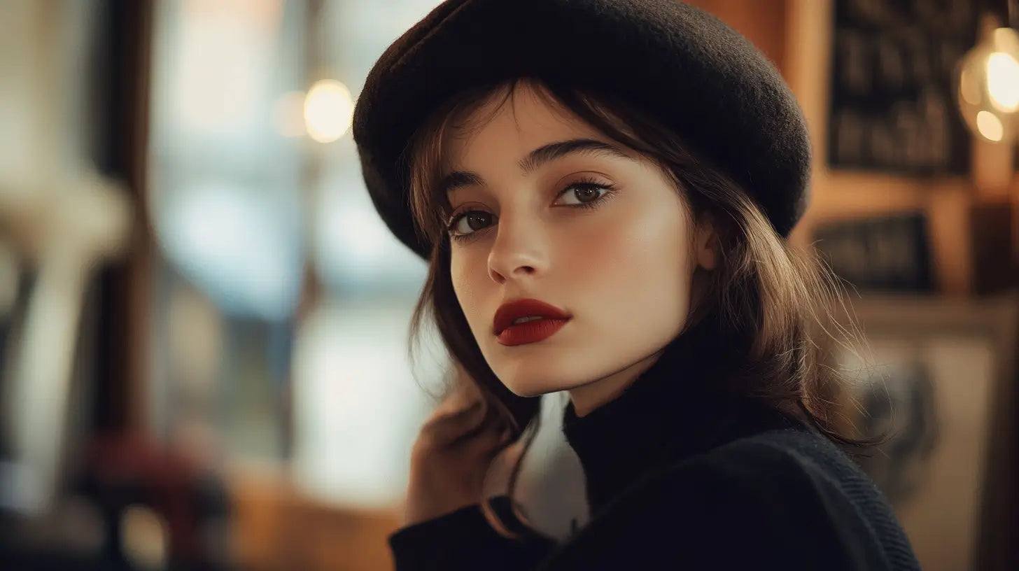 Stylish individual confidently wearing a wool beret indoors, showcasing timeless elegance and personal expression.
