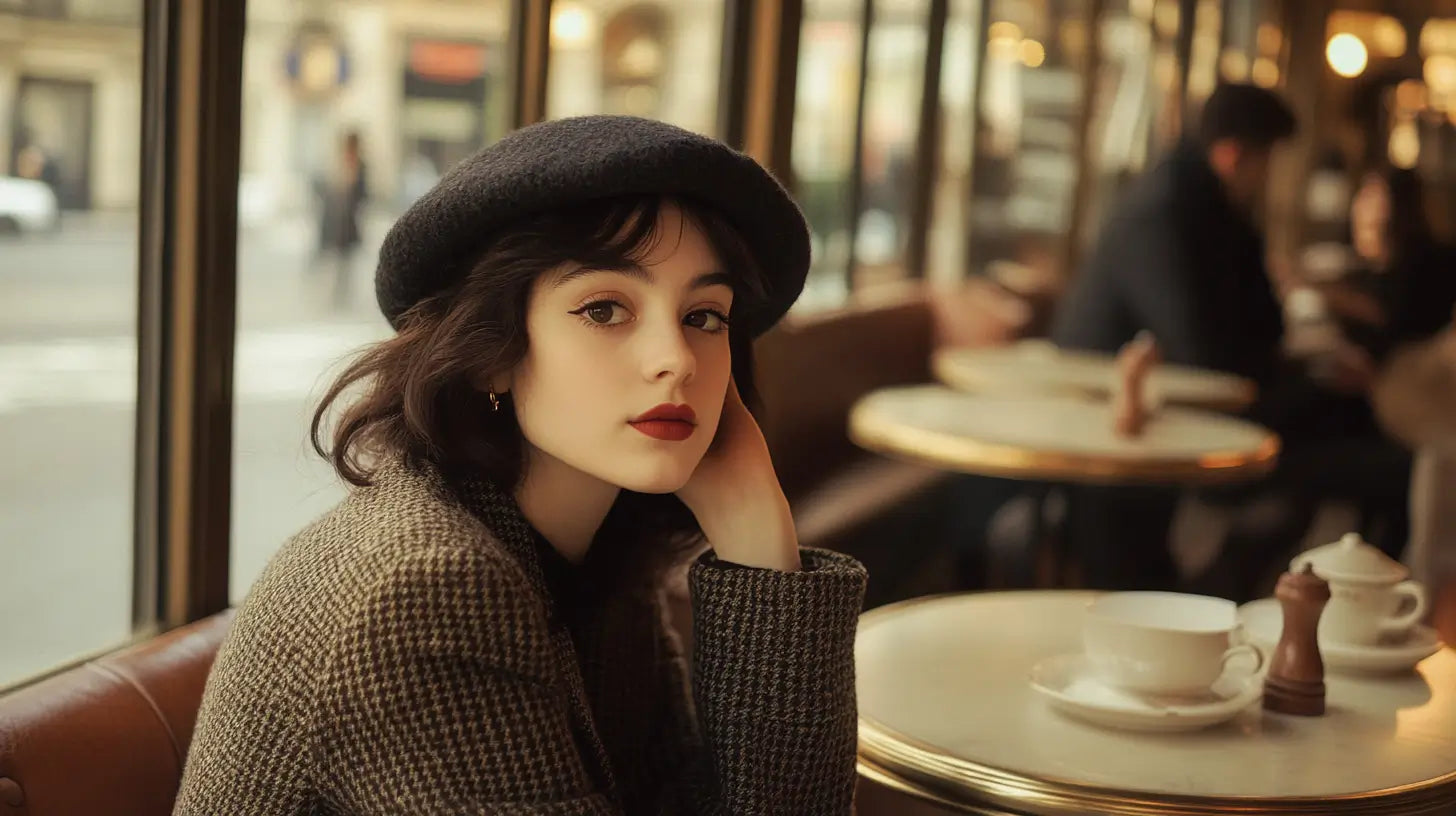 A high-resolution photograph of a stylish individual wearing a classic beret in a serene Parisian café, showcasing timeless elegance and French heritage.