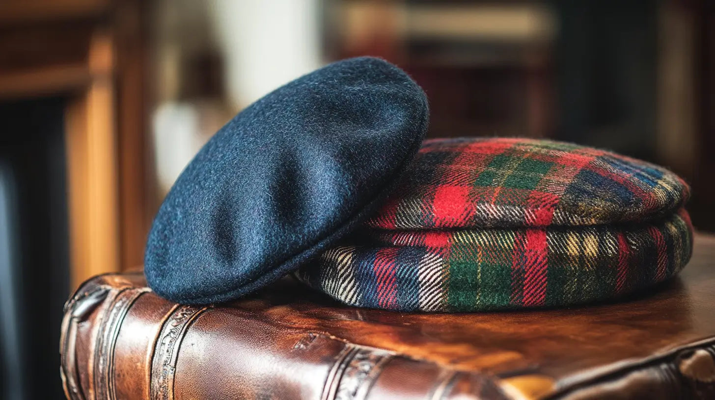 Classic French wool beret and Scottish tartan tam o'shanter displayed together, highlighting cultural heritage and timeless fashion.