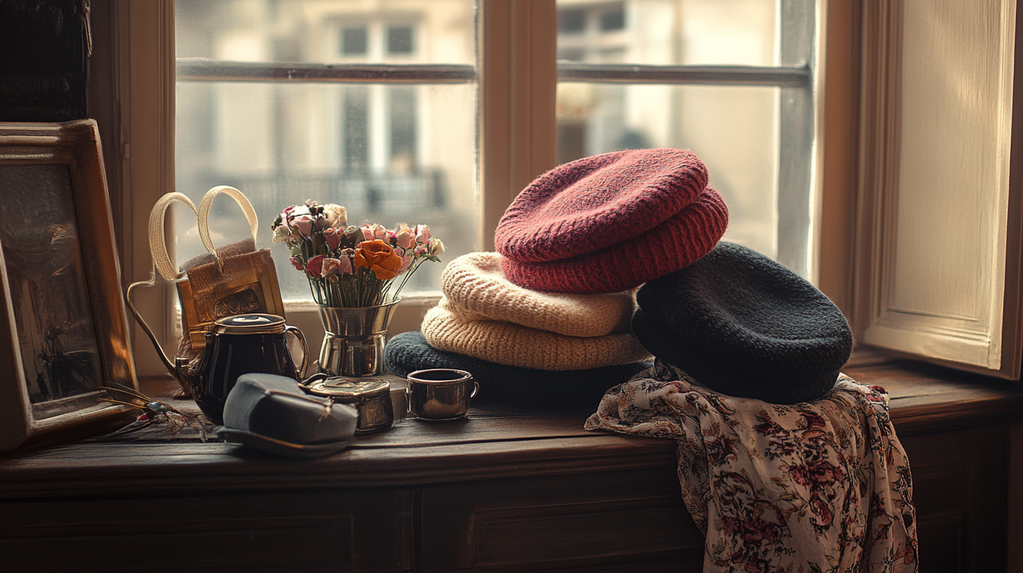 An elegant still-life featuring wool berets, silk scarves, and vintage accessories arranged with natural daylight, showcasing timeless French chic.