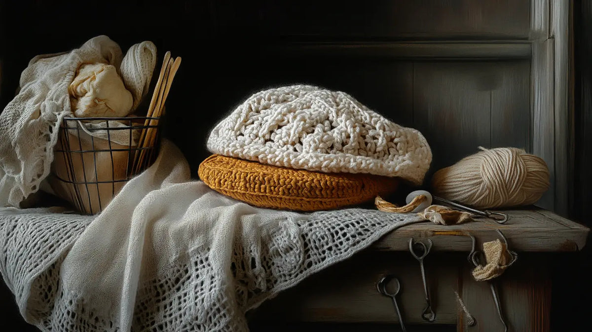 A refined still-life composition featuring a delicate crocheted beret arranged with yarn, crochet hooks, and soft fabrics, highlighting its intricate craftsmanship and timeless appeal.