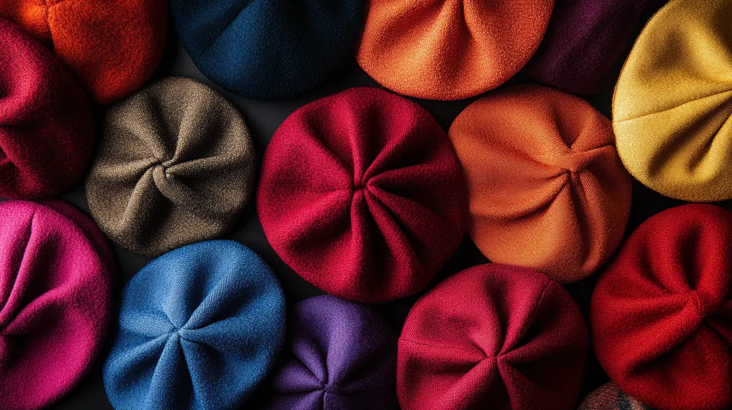 A high-resolution photograph of elegant berets arranged in various classic and vibrant colors, highlighting timeless style and fine craftsmanship.