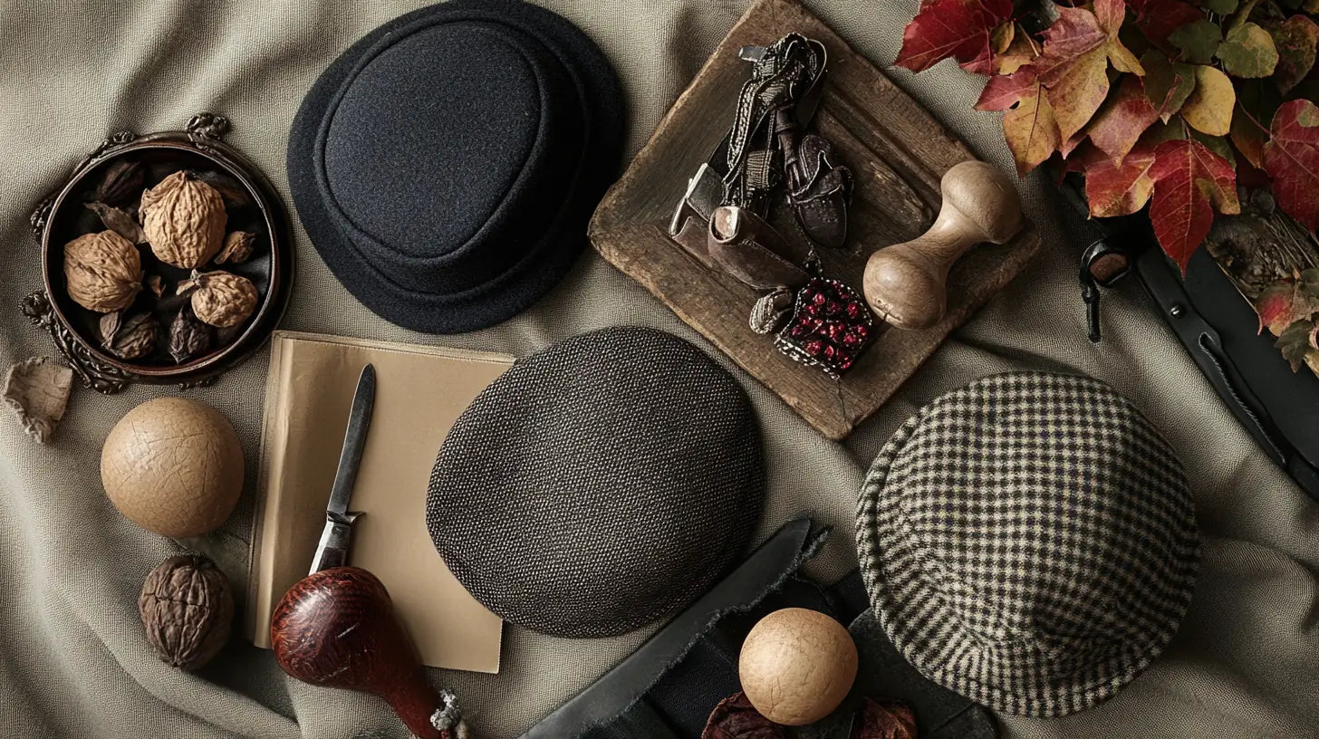 Classic wool berets arranged with subtle French and Spanish cultural items, showcasing their timeless elegance and craftsmanship.