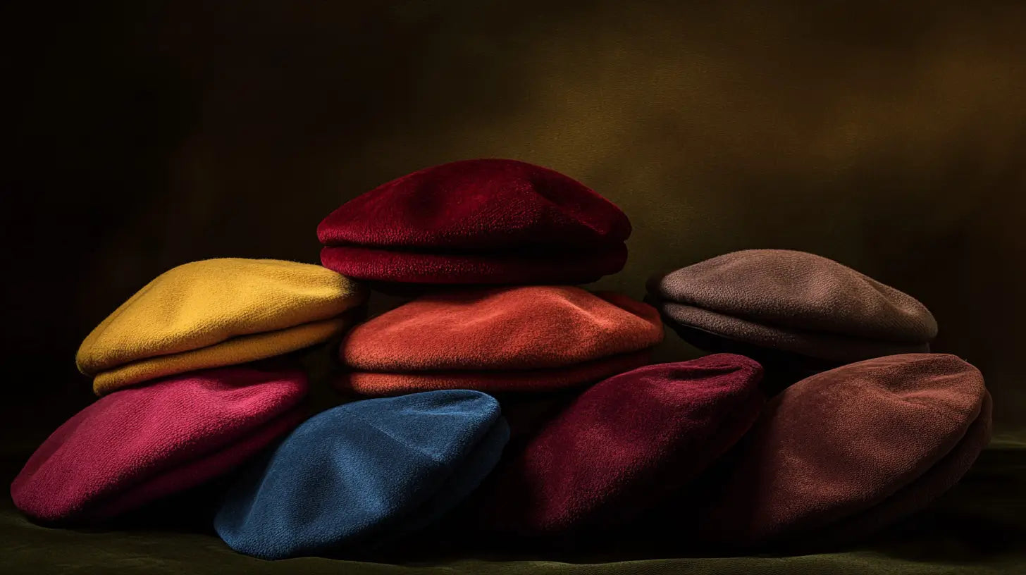 A tasteful still-life arrangement of berets in various symbolic colors, illuminated softly to highlight texture, craftsmanship, and French elegance.