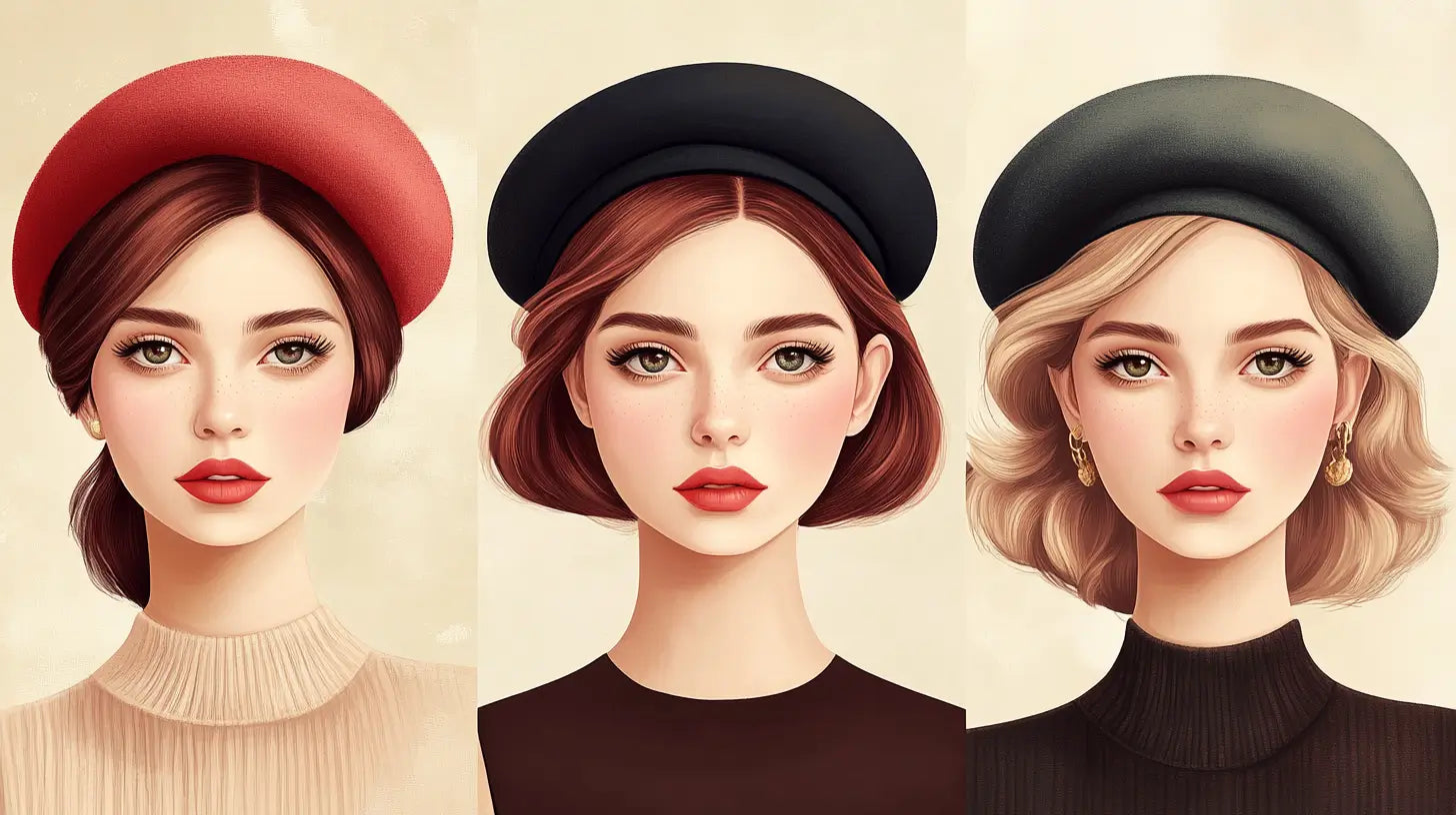 Three women with distinct face shapes (round, oval, heart) each stylishly wearing a beret that complements their features.