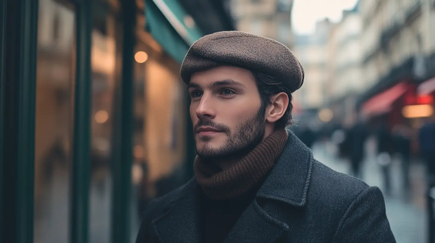 A stylish French man wearing a classic wool beret, captured in soft natural light on a charming Parisian street.