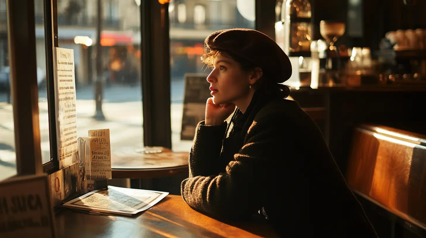 A stylish individual wearing a classic beret seated at a charming Parisian café, softly illuminated by natural light, emphasizing the beret's timeless elegance and craftsmanship.
