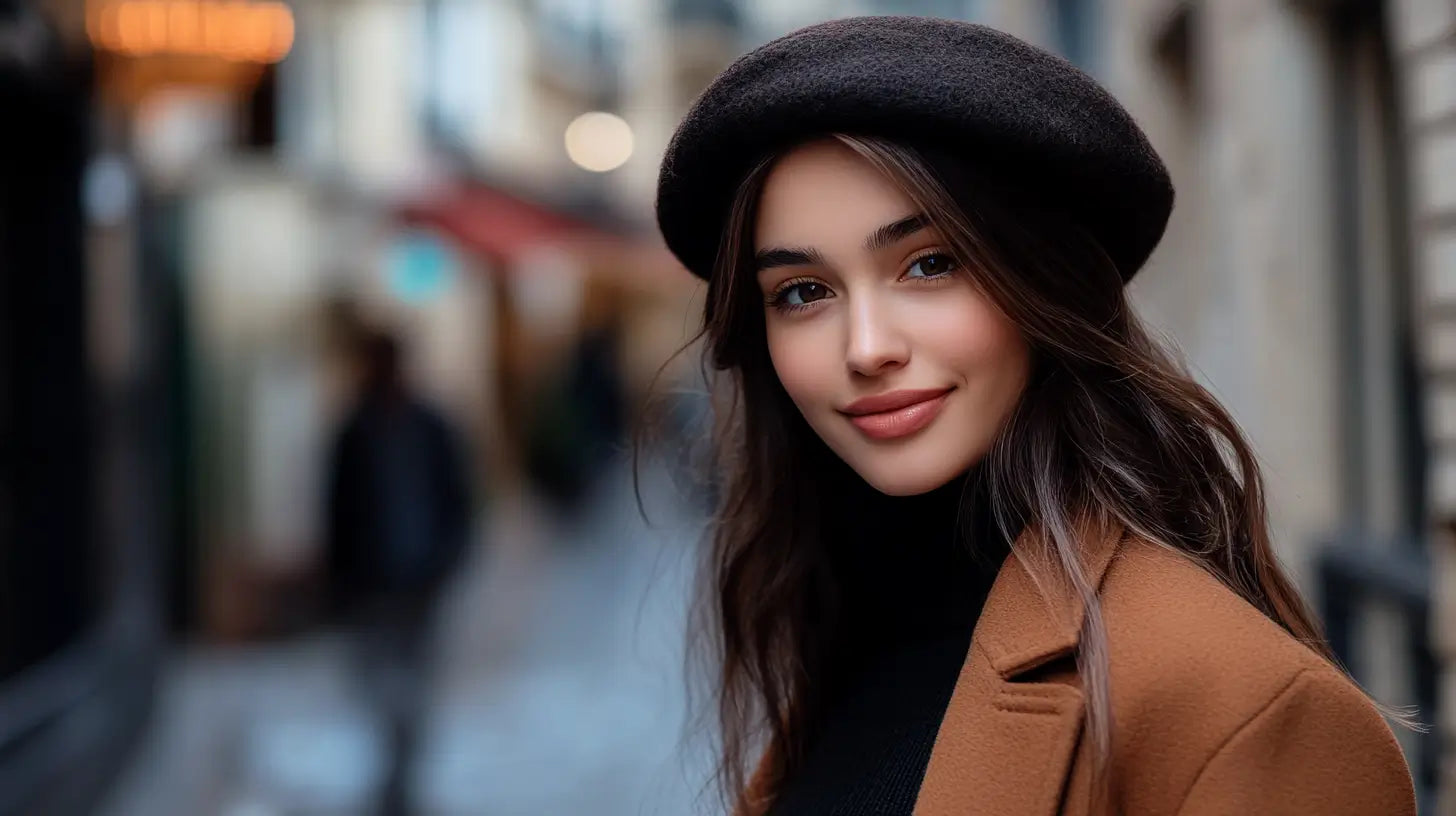 Person stylishly wearing a beret tilted sideways on a charming Parisian street, highlighting the beret's cultural heritage and timeless elegance.