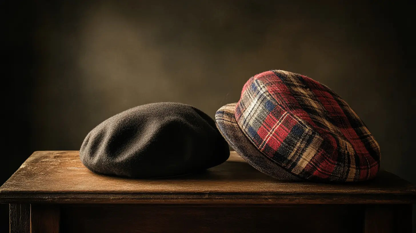 A refined still-life photograph showing a classic French beret alongside a Scottish tam, highlighting their distinct shapes, textures, and cultural features.