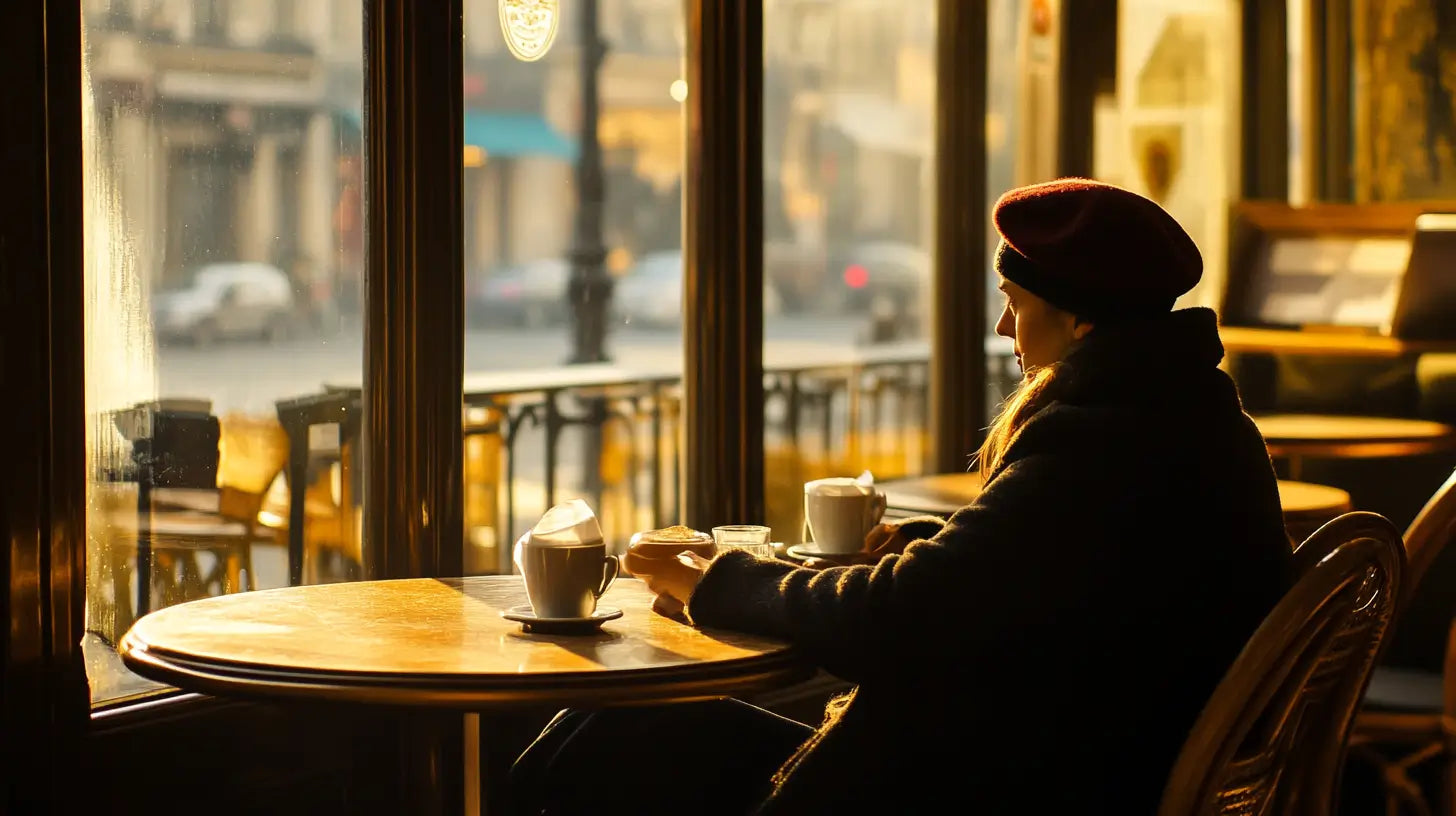 A sophisticated individual wearing a traditional French wool beret sits in a cozy Parisian café, softly illuminated by natural daylight.