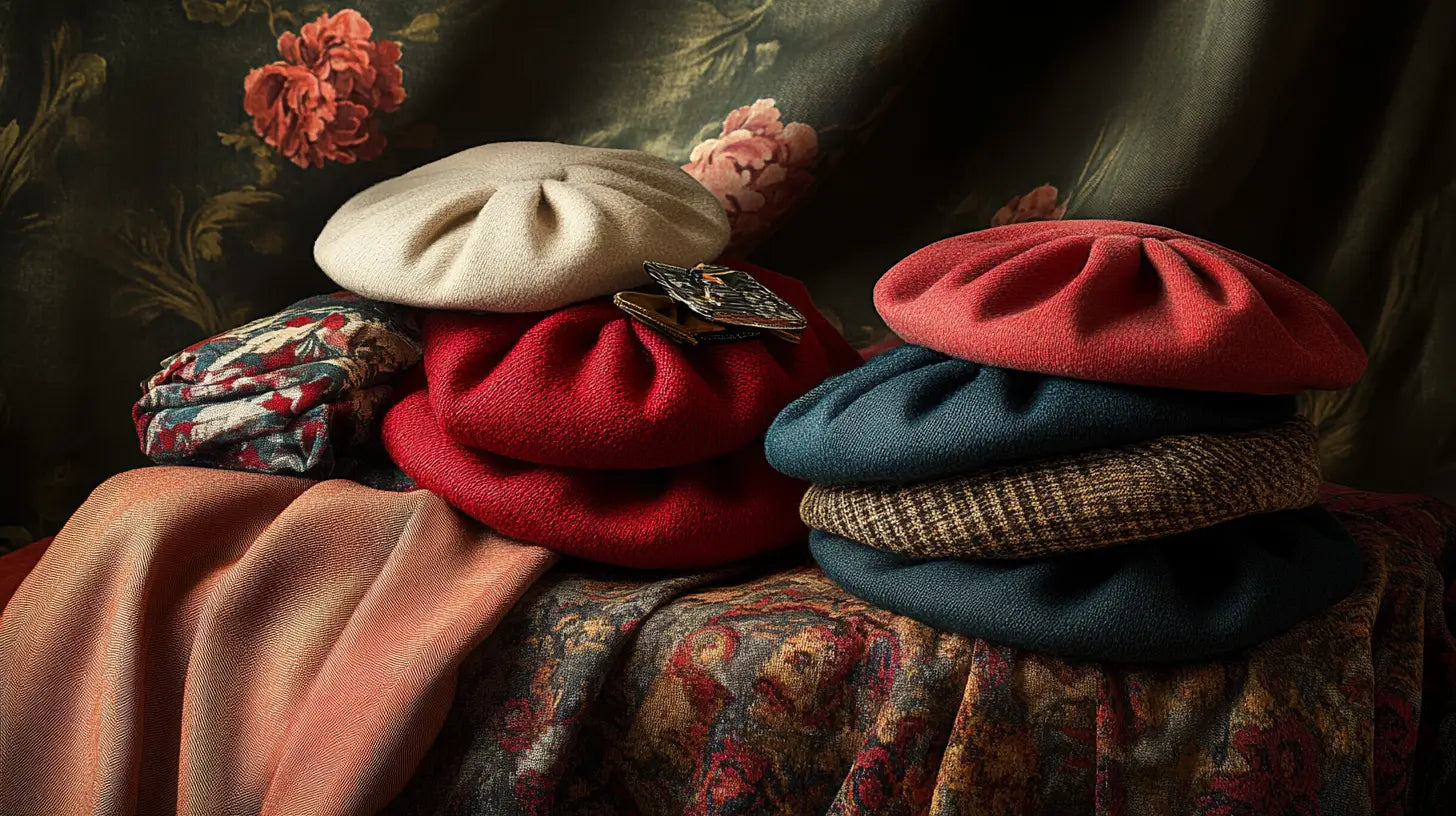 An elegant still-life photograph showcasing luxurious berets arranged gracefully alongside delicate fabrics and vintage accessories, softly illuminated, emphasizing their timeless elegance and cultural heritage.