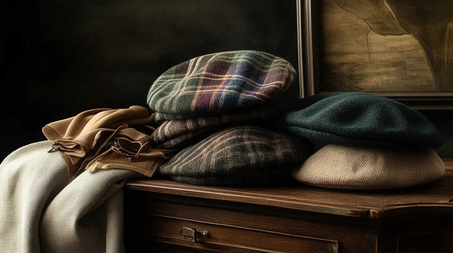 A tasteful still-life photograph of beautifully crafted berets arranged elegantly among soft fabrics and minimal accessories, illuminated by gentle natural lighting.