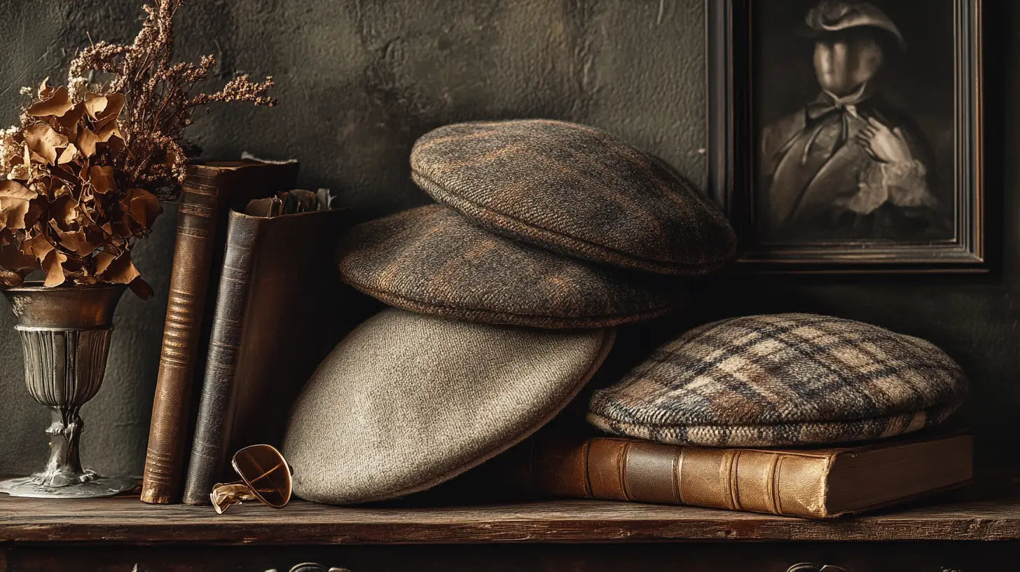 Elegant still-life of classic French berets arranged with vintage accessories, highlighting their timeless style and rich heritage.