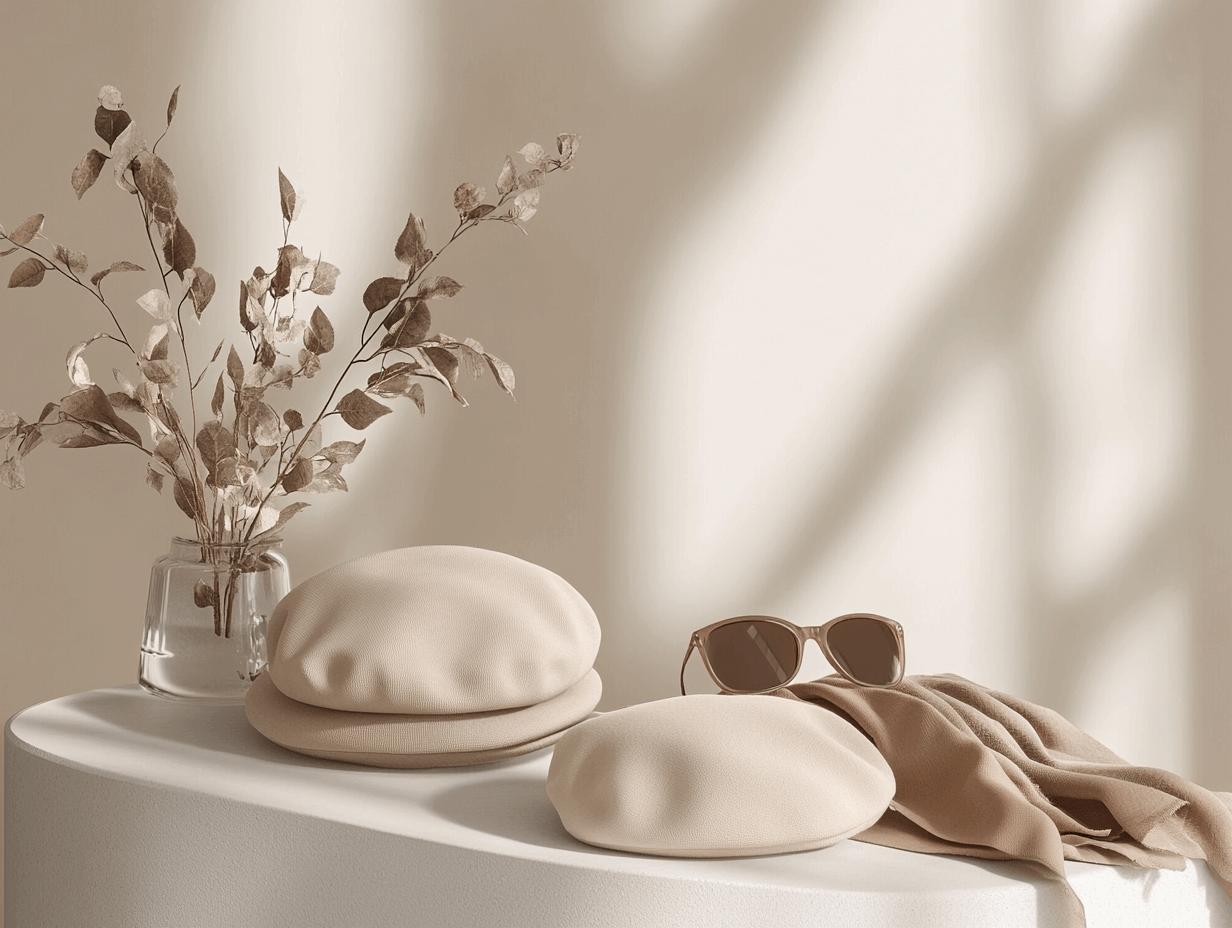 Stylish berets displayed elegantly with accessories, highlighting quality craftsmanship and timeless style.