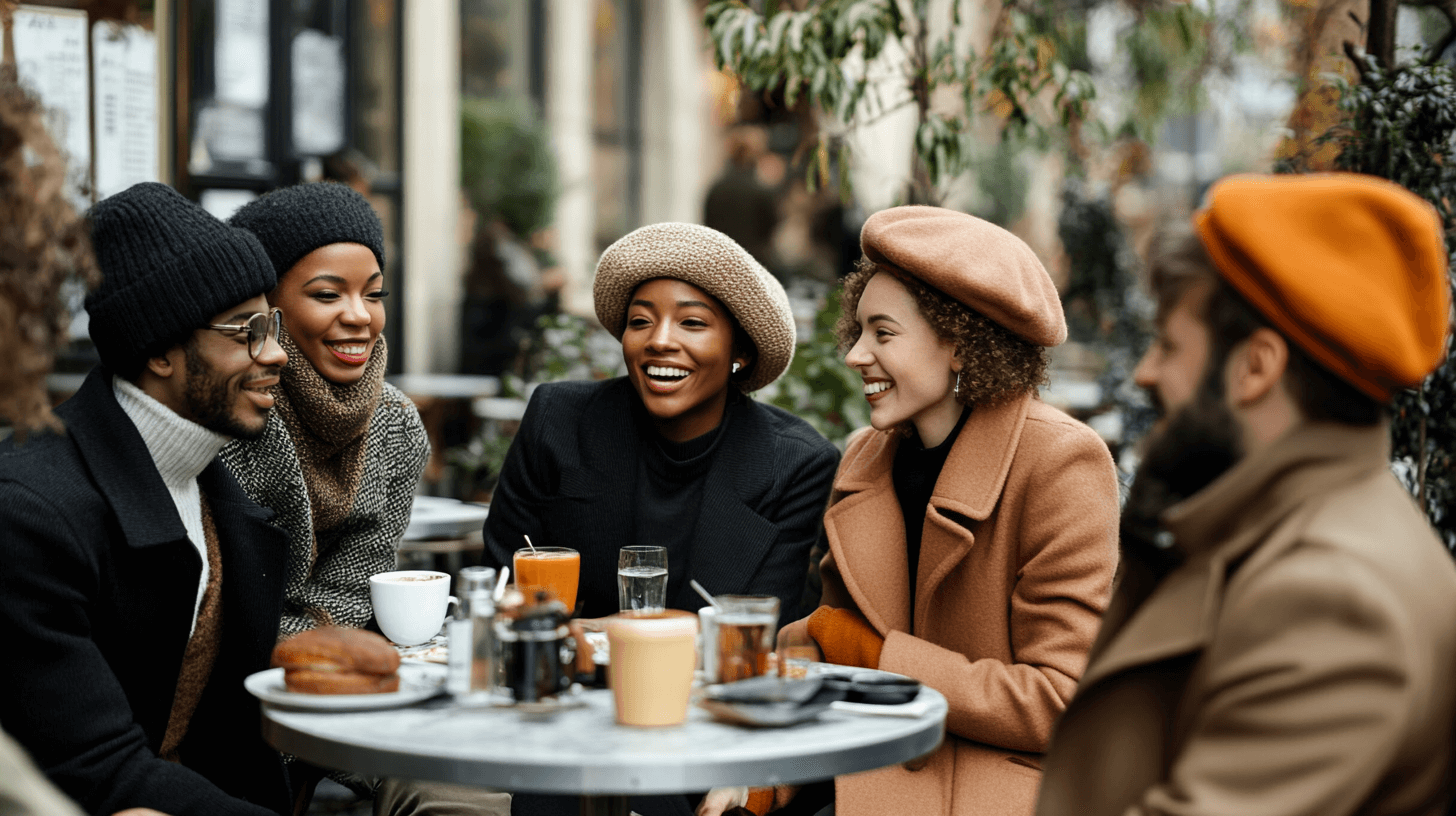 Diverse group of stylish individuals wearing wool berets at a chic outdoor café, showcasing timeless fashion.