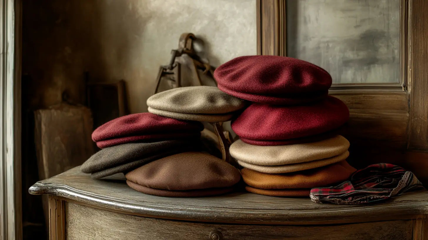 A refined still-life photograph of beautifully crafted berets displayed elegantly with classic fashion accessories, highlighting timeless style and French heritage.
