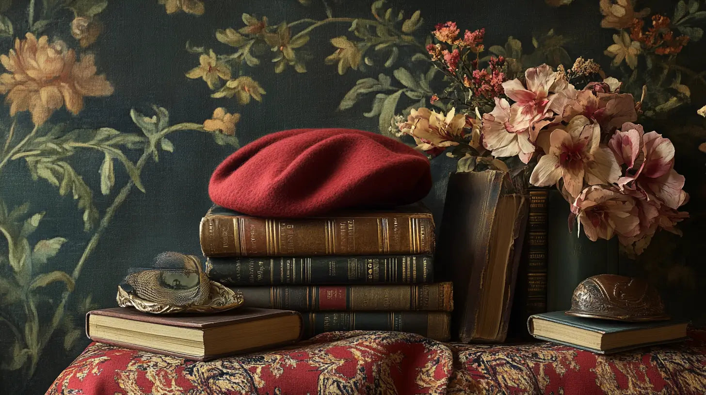 Still-life scene of a wool beret elegantly displayed with vintage books and cultural artifacts highlighting its Basque origins.