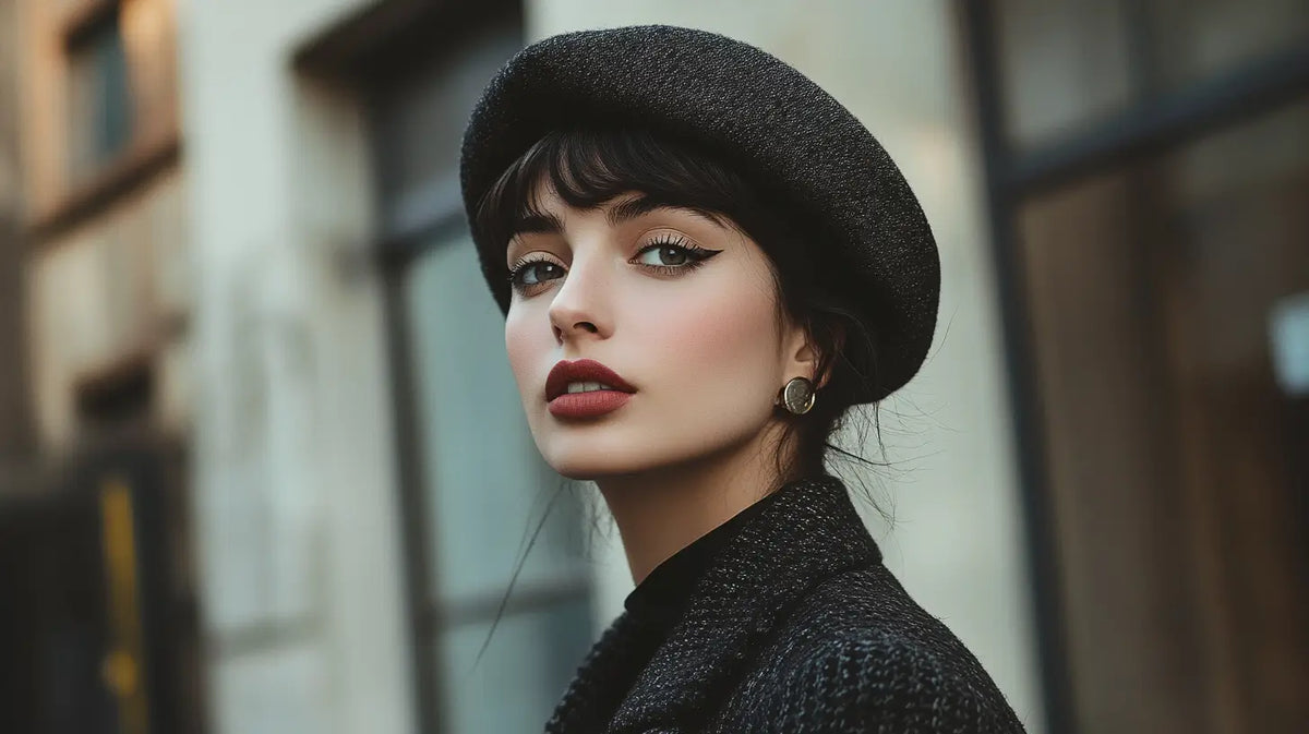 A fashionable celebrity elegantly wearing a beret in an urban setting, highlighting its timeless style, cultural significance, and luxury craftsmanship.