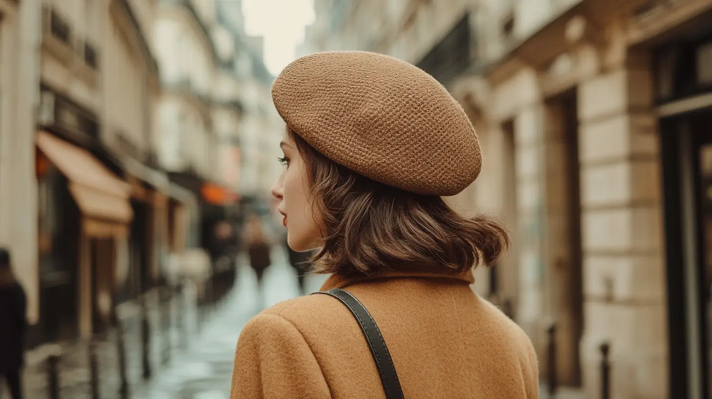 Stylish woman wearing a classic wool beret tilted fashionably, standing in a charming Parisian street.