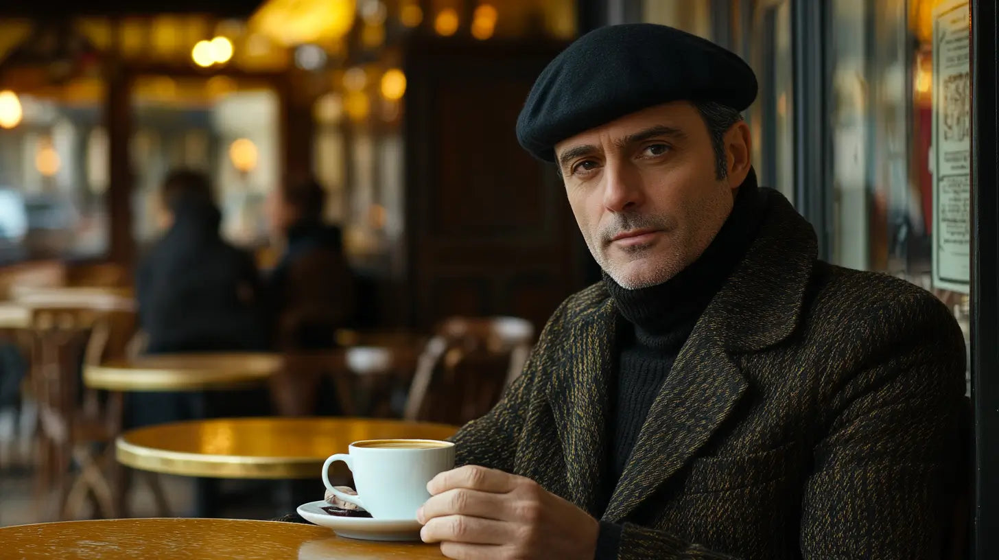 A sophisticated French man wearing a classic black wool beret, seated casually at a Parisian café, gently holding a cup of café au lait under warm, soft natural lighting.