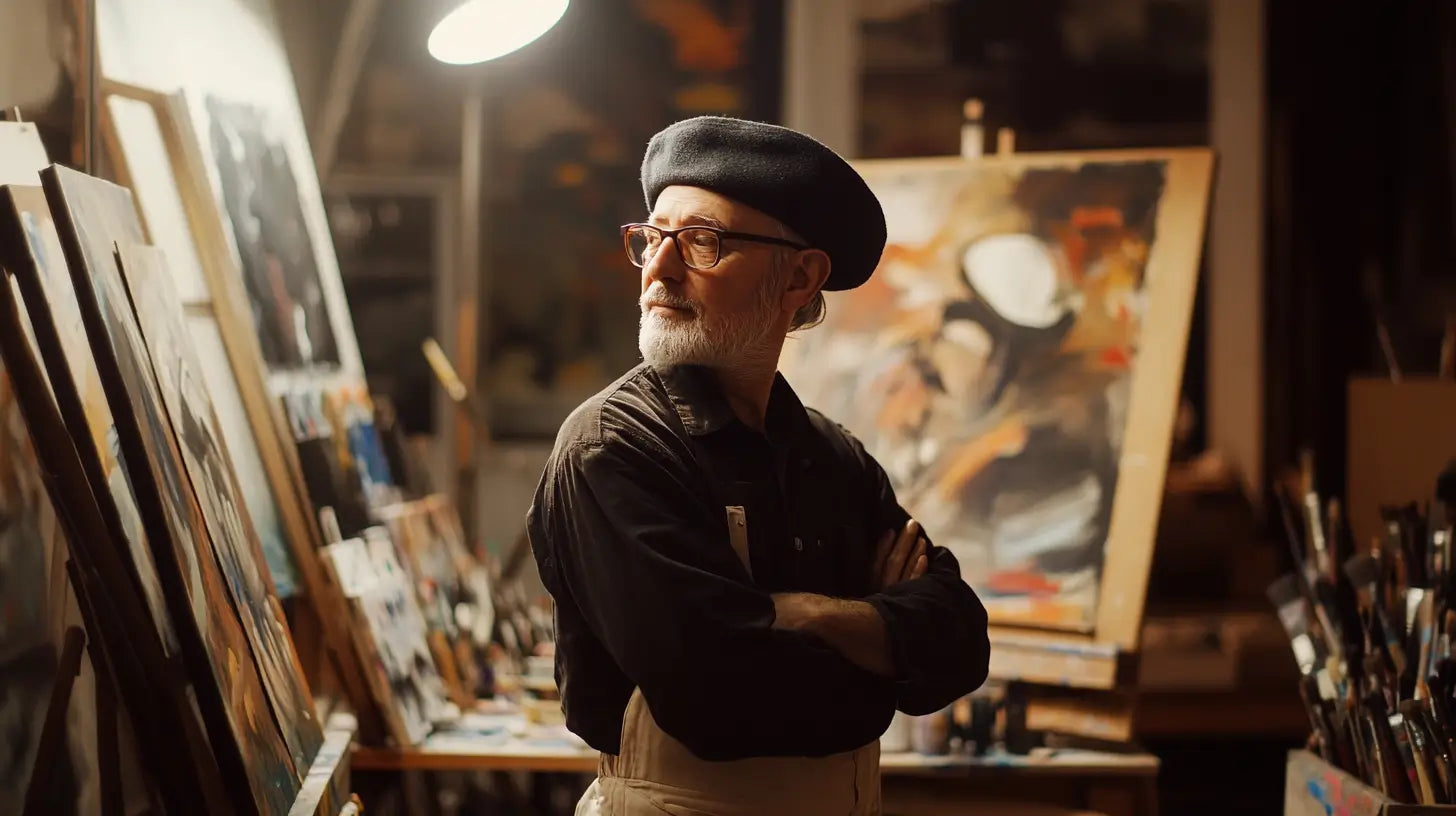 An artist wearing a classic wool beret stands thoughtfully in a softly lit painter’s studio, surrounded by brushes and paints, highlighting the cultural and artistic heritage of the beret.
