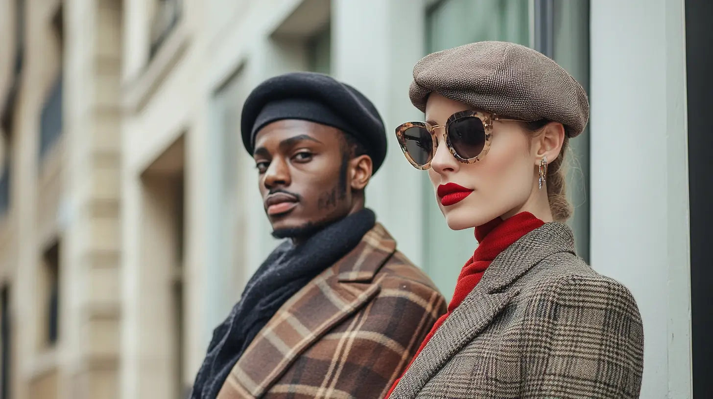 Stylish individuals wearing classic wool berets in an elegant urban scene, highlighting timeless fashion and cultural heritage.